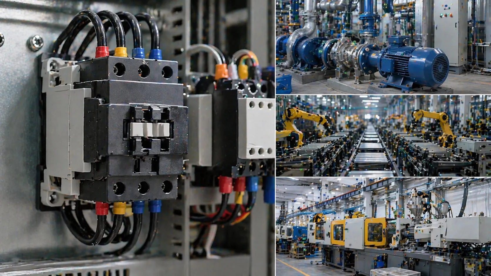 AC contactor wiring overview showing line terminals load terminals coil terminals overload relay and push-button control circuit in an industrial control panel