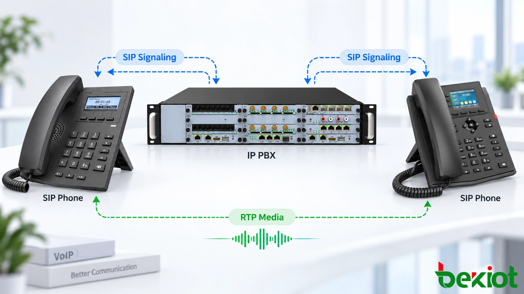 SIP signaling and RTP media flow in IP PBX call process