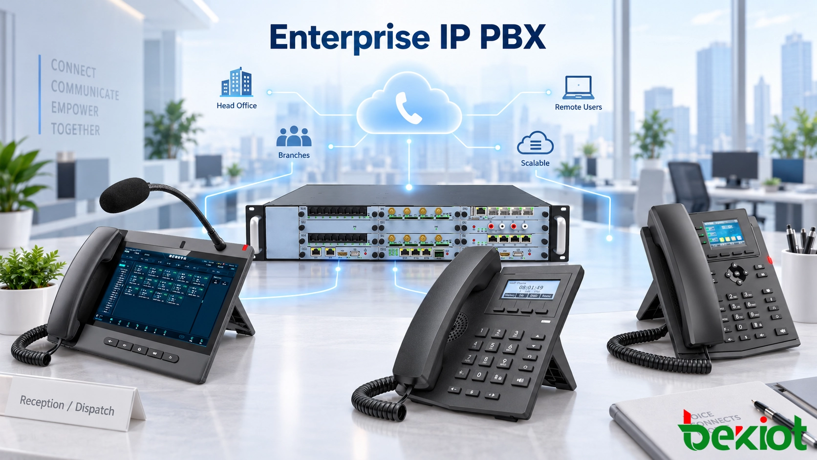 Enterprise IP PBX deployment with SIP phones and communication network