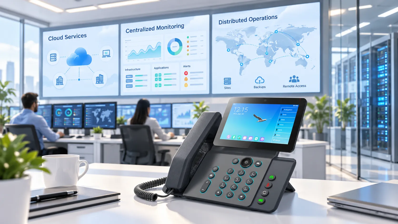 IT technician monitoring cloud infrastructure, network connections, and application dashboards in a modern data center control room 