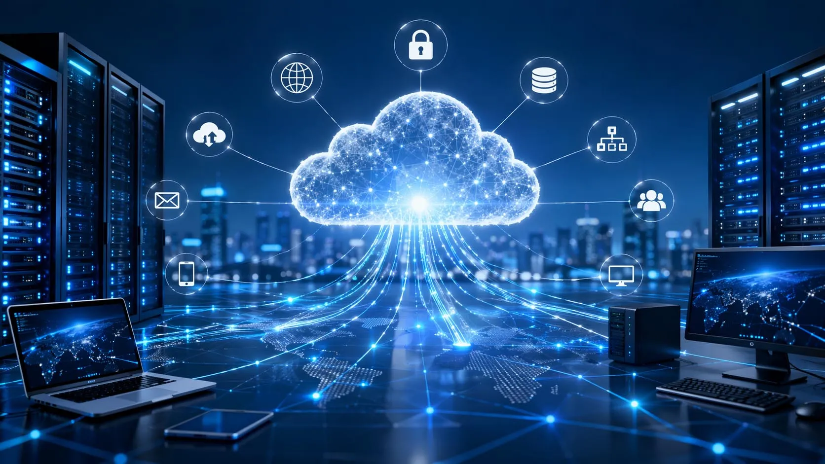 Cloud services connecting enterprise users applications data storage and digital infrastructure through scalable on-demand online resources